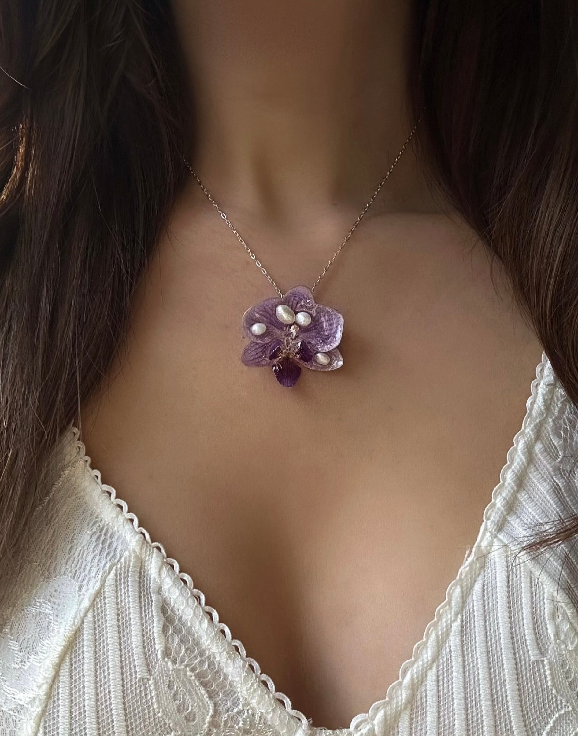 LILAC ORCHID PEARL NECKLACE - 925 STERLING SILVER
